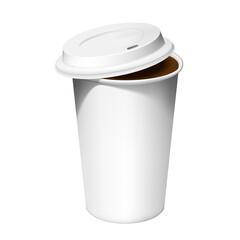 A plain white disposable paper coffee cup with a white lid slightly ajar, revealing dark coffee inside against a transparent background.