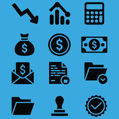 Financial Investment Analysis Icons and Symbols Depicting Business Elements and Monetary Management 