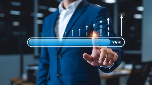 Hand Touching Digital Progress Bar at 75 Percent Completion Point 