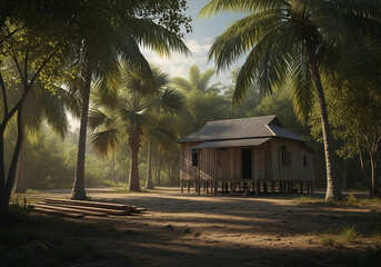 A rustic wooden hut nestled amongst lush palm trees in a tropical jungle setting, bathed in soft sunlight
