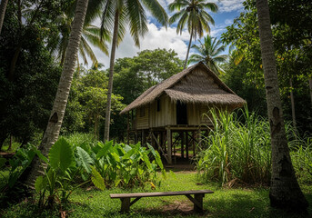 A traditional stilt house with a thatched roof nestled amidst lush tropical foliage and palm trees, with a wooden bench in the foreground