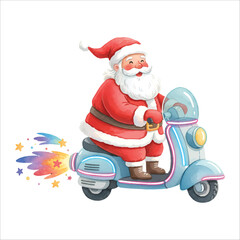 Santa Riding Space Scooter Watercolor Vector
