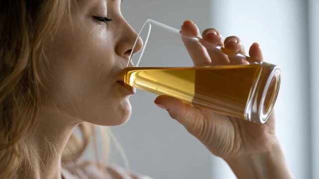 Woman Drinking Diluted Apple Cider Vinegar Before Breakfast, Focused Side Shot