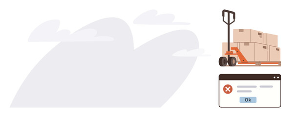 Stack of cardboard boxes on pallet jack beside error message popup window. Ideal for logistics, shipping, supply chain, delivery issue, e-commerce, communication error, warehouse. Simple flat