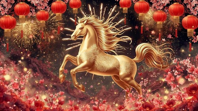 A golden horse leaps amidst red lanterns, fireworks, and cherry blossoms, celebrating the Chinese New Year 2026, the Year of the Horse. A highly detailed, vibrant, festive, and luxurious artwork.