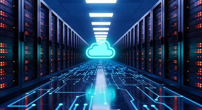 Cloud Computing Network Futuristic Server Room with Cloud and Circuit Board Design - Powered by Adobe