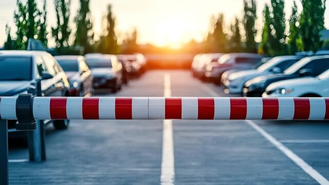 Parking lot barrier blocks entrance at sunset with parked cars in the background