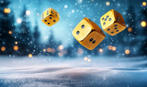 Golden dice floating above sparkling fresh snow with festive bokeh lights and falling snowflakes - Powered by Adobe