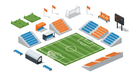 Isometric soccer field with stands and equipment