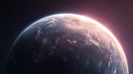 Planet Earth seen from space with glowing atmosphere and sunrise