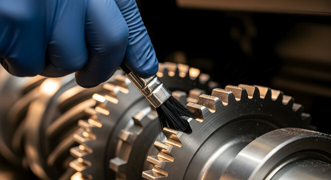 Hand Wearing Blue Gloves Cleaning Steel Gear Component with Brush Inside Agricultural Machinery Workshop for Enhanced Farming Technology Maintenance