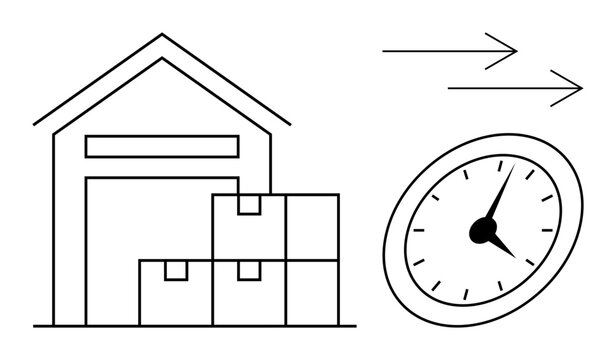 Warehouse building with stacked boxes and a clock indicating quick delivery. Ideal for logistics, shipping, supply chain, e-commerce, efficiency, time management, business operations. Simple flat