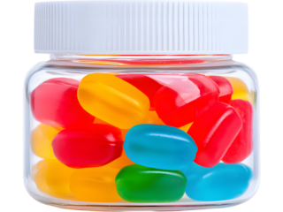 Assorted colorful gummy vitamins isolated on transparent background, symbolizing healthy lifestyle and dietary supplements.