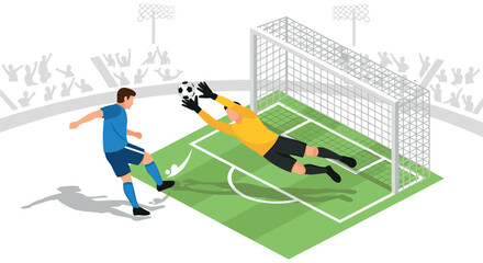 Fototapeta premium Goalkeeper saving penalty kick on soccer field in isometric style with audience in background