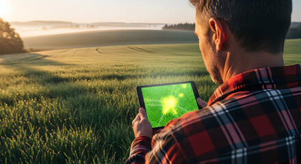Farmer Analyzing Crop Health Using Tablet Device in Lush Green Field at Sunrise with Rolling Hills and Misty Landscape in Rural Agriculture Environment