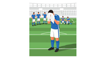Fototapeta premium Soccer team in defeat on field with disappointed player wiping face