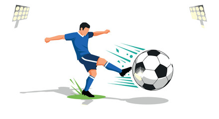 Obraz premium Dynamic soccer player kicking ball with stadium lights and motion effects