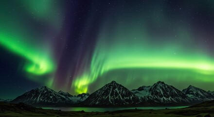 Brilliant green and purple atmospheric lights illuminate a dark night sky above rugged mountain peaks reflected in still water