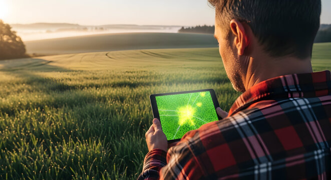 Farmer Analyzing Crop Health Using Tablet Device in Lush Green Field at Sunrise with Rolling Hills and Misty Landscape in Rural Agriculture Environment - Powered by Adobe
