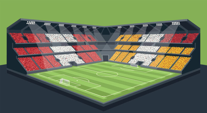 Modern soccer stadium with colorful seating and bright floodlights in flat design