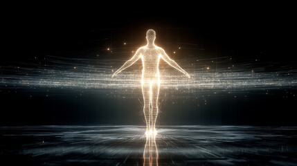 Golden light human form dissolving into digital particles
