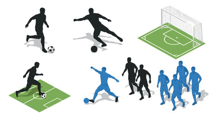 Isometric soccer figures and field elements in dynamic action poses