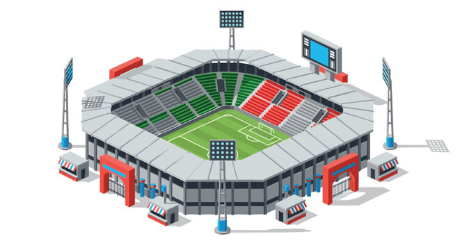 Modern isometric soccer stadium with bright seating and field highlights