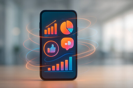 Conceptual Mobile Phone Displaying Glowing Neon Data Analytics Charts and Icons with Swirling Light Trails, Symbolizing Business Intelligence, Digital Marketing Strategy, and Mobile Technology