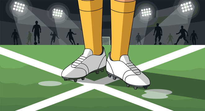 Soccer game moment: player in yellow socks with cleats on field with silhouetted action