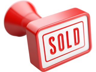 Red 3D “SOLD” sign isolated on transparent background, ideal for real estate, sales, or business announcement designs.