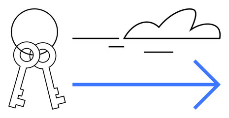 Two keys with overlapping circles beside a cloud and arrow emphasize access, direction, and progress. Ideal for security, opportunity, guidance, innovation, leadership freedom strategy. Simple flat