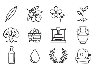 A collection of stylized vector icons representing olives and olive oil, featuring olive branches with green olives, a mature olive tree, a single drop of olive oil, and bottles of olive oil in 