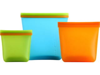 Set of colorful reusable plastic containers isolated on transparent background, representing sustainable storage and eco lifestyle.