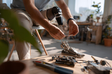 Man working on an artificial limb in a bright workshop setting during the day
