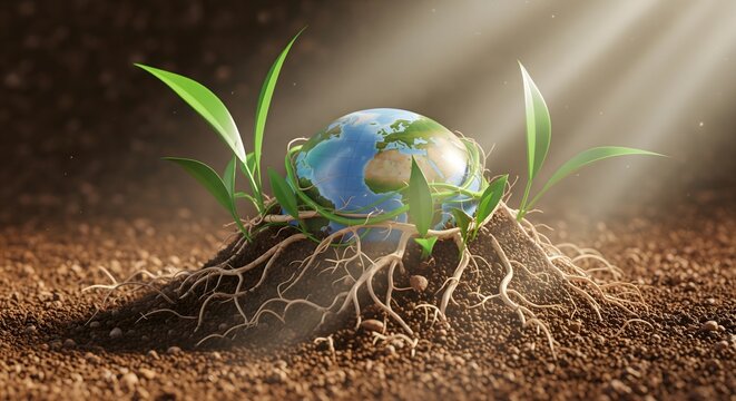 Earth globe growing from soil with green sprouts and sunlight