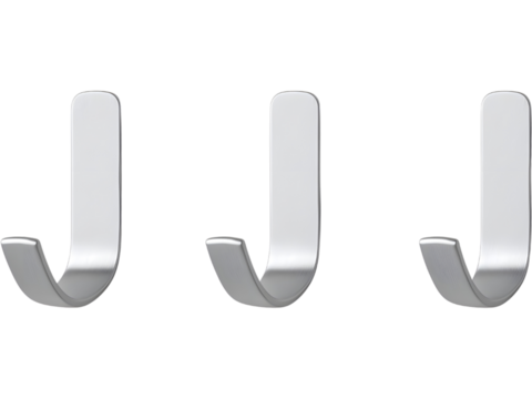 Set of metallic J-shaped wall hooks isolated on transparent background, symbolizing minimalist interior organization.