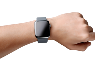 Close-up of wrist with modern smartwatch isolated on transparent background, symbolizing digital lifestyle and connectivity.