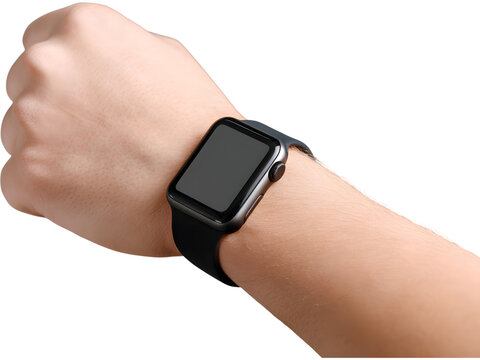 Human hand wearing black smartwatch isolated on transparent background, ideal for tech and lifestyle product design. - Powered by Adobe