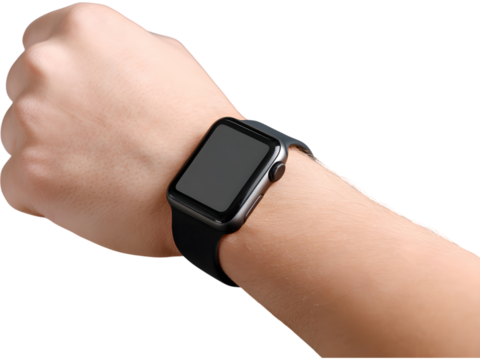 Human hand wearing black smartwatch isolated on transparent background, ideal for tech and lifestyle product design.