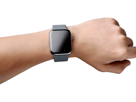 Close-up of wrist with modern smartwatch isolated on transparent background, symbolizing digital lifestyle and connectivity.