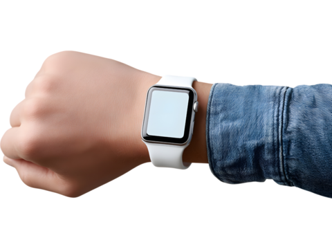 Human hand wearing black smartwatch isolated on transparent background, ideal for tech and lifestyle product design.
