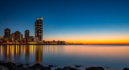 Skyline of mumbai city at dusk with lights reflecting on the water