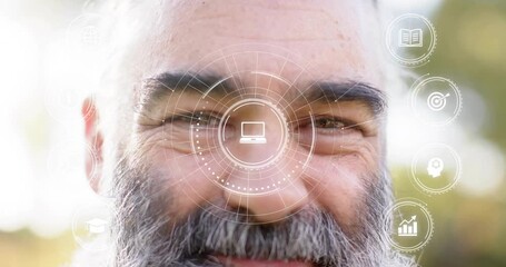 Mature man smiling into camera, tech HUD appearing, pulsing, aligning while icons showing skills - Powered by Adobe