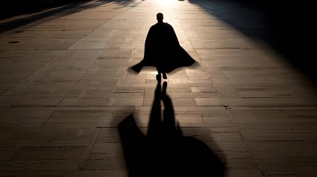 Silhouette cape shadow lone figure dramatic lighting shadow pavement backlit person silhouette of lone person with cape walking along sunlit walkway