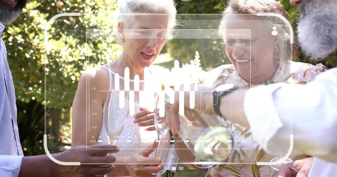 Bearded man tipping bottle, group holding flutes in garden, HUD overlay guiding celebration