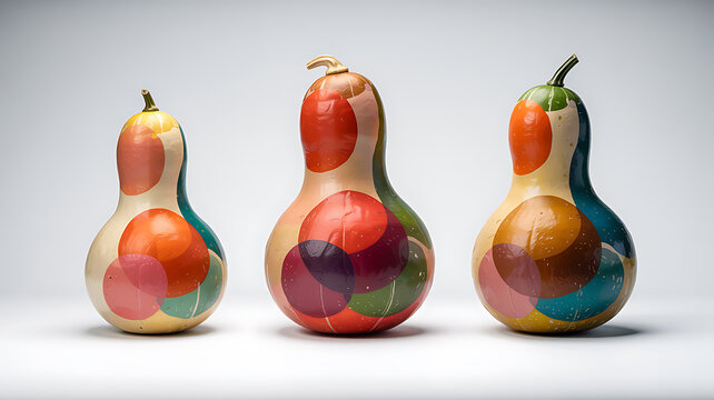 Three colorful decorative gourds with abstract circle patterns