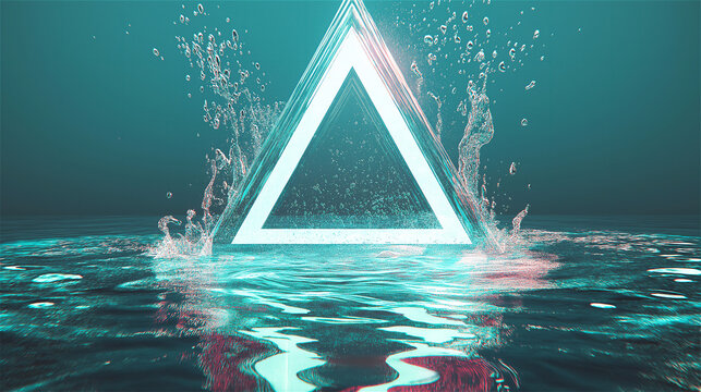 Luminous triangle hovering above a rippling water surface with glowing pink and cyan reflections. Vibrant sci-fi digital concept with strong visual symmetry and copy space.