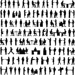 Business silhouettes, office interaction, teamwork, meeting, handshake, collaboration, desk work, presentation, discussion