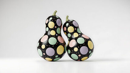 Two painted polka dot gourds on a clean white background