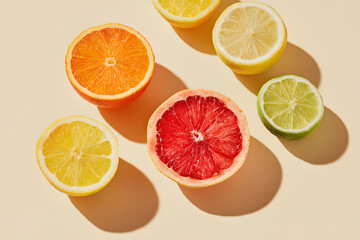Fototapeta premium Colorful slices of citrus fruits arranged on a light background for a fresh and vibrant display